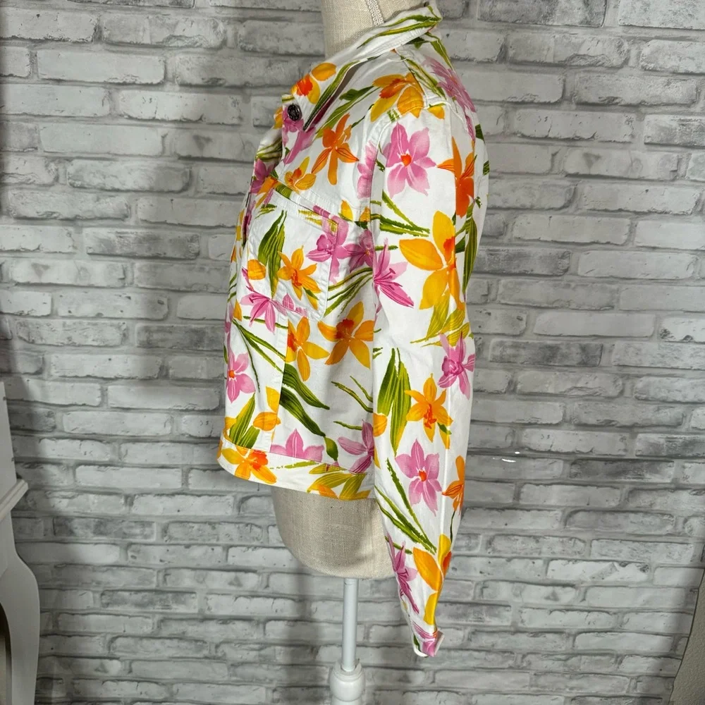 Vintage White Pink Orange Tropical Floral Jean Jacket Half Sleeves